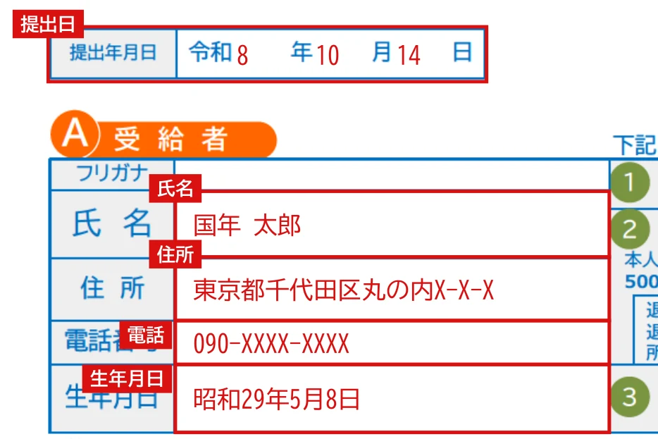 令和9年分 公的年金等の受給者の扶養親族等申告書の1ページ目「提出年月日・受給者」欄の記入例（赤字が記入例）