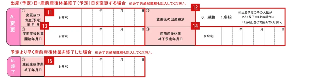 健康保険・厚生年金保険 産前産後休業取得者申出書／変更（終了）届の1ページ目「A.変更」⑪〜⑭と「B.終了」⑮の欄（記入例の前の空欄）