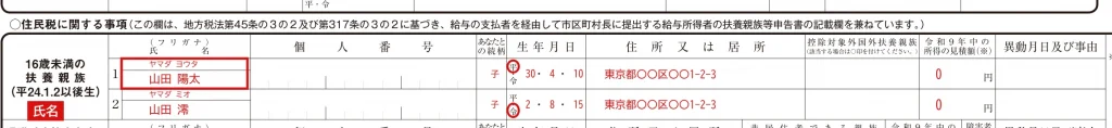 令和9年分 給与所得者の扶養控除等（異動）申告書の16歳未満の扶養親族欄の記入例（子が2人・2人目は令和生まれ）