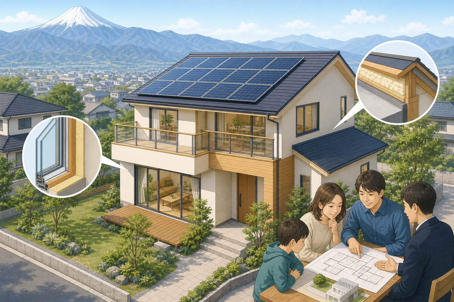 甲府市の高断熱・省エネ住宅と家族の住宅計画イメージ
