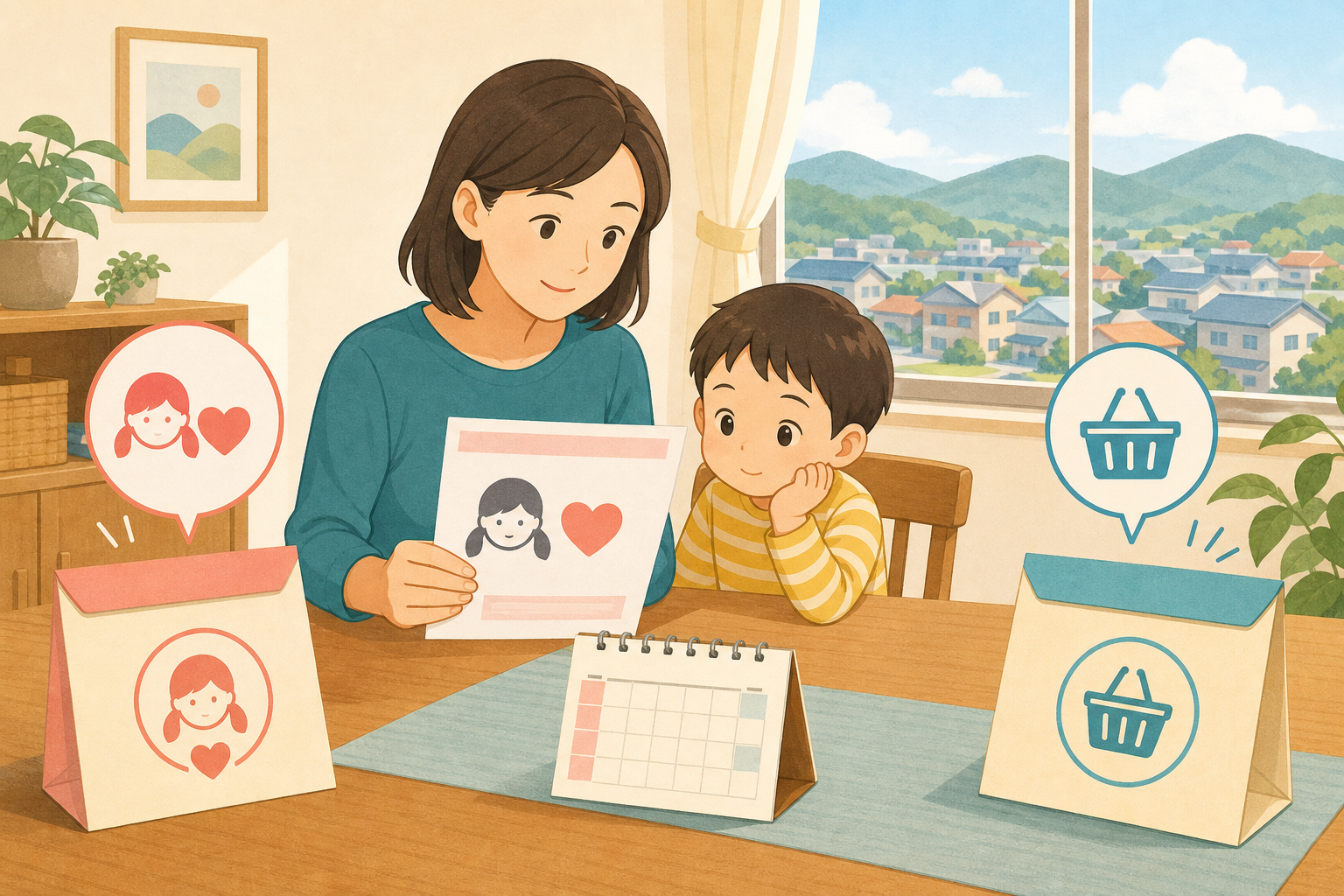 対象児童の子育て応援手当と全町民向け買い物クーポンを別々の書類として確認する親子のイメージ